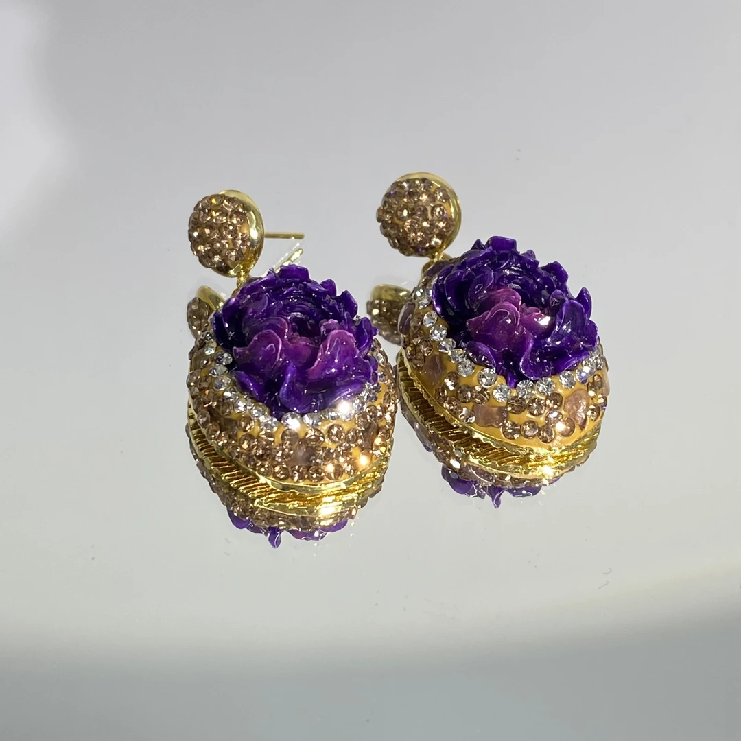 铜合金合成锆石耳饰 紫色牡丹花时尚气质经典百搭耳环 319