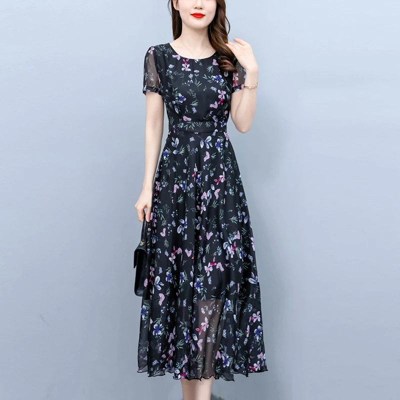 2025夏季新款时尚短袖雪纺连衣裙小碎花收腰大摆长裙女