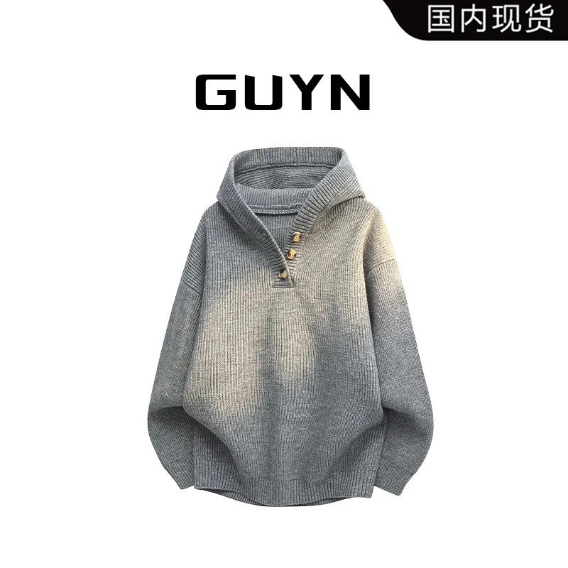 【品牌现货】GUYN美式连帽毛衣男款春秋季宽松高级感情侣针织衫外套