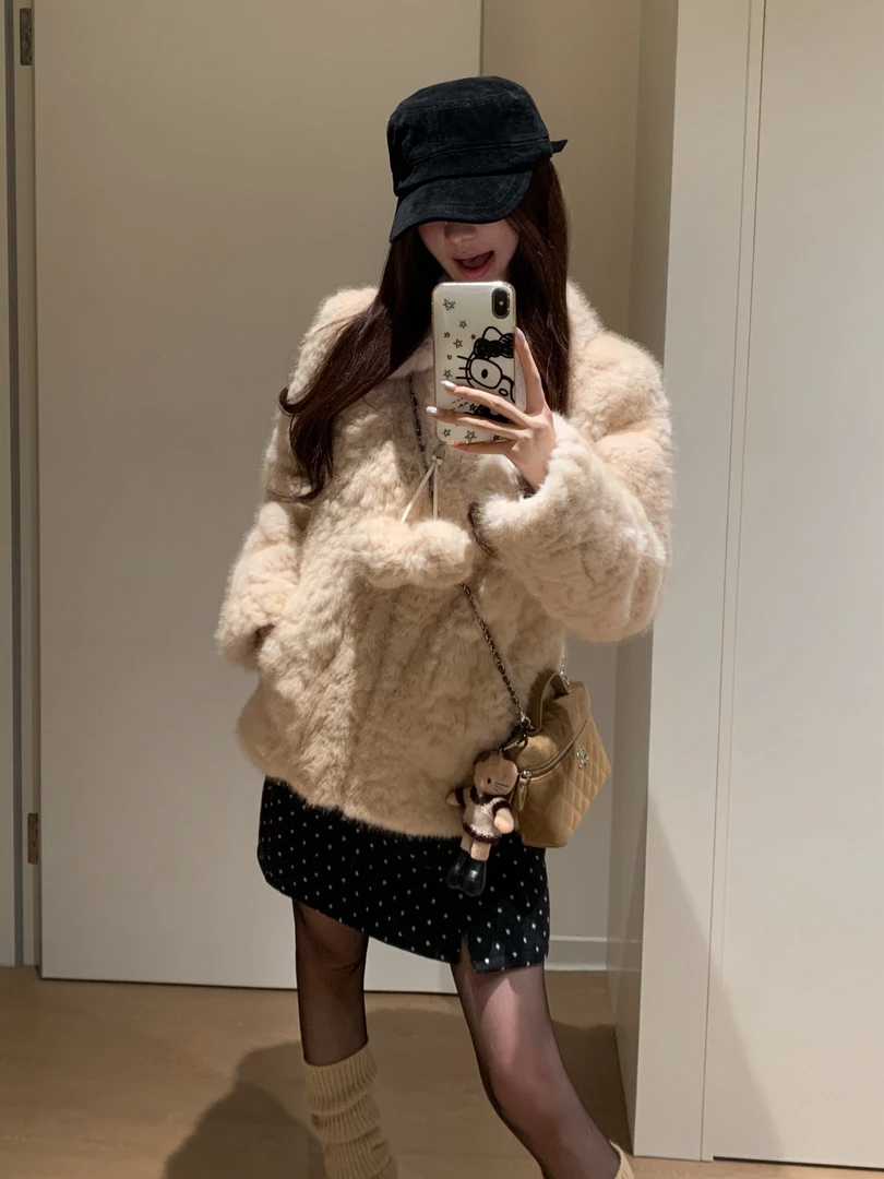 中古旧梦 韩女小奶球翻领环保毛毛外套球球皮草女冬季