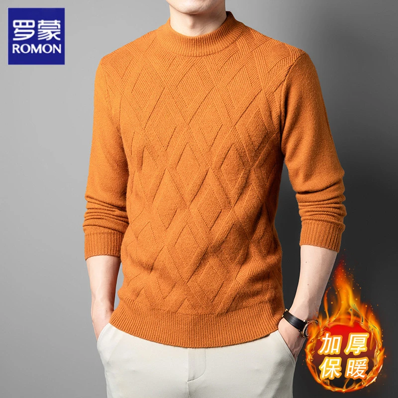 罗蒙新款中年男士爸爸冬装毛衣加厚圆领保暖针织打底衫生辰喜庆男