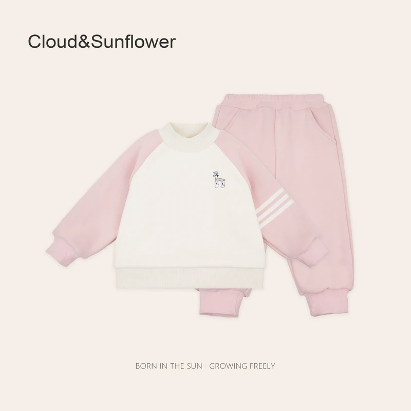 女童哈哈刺绣圆领撞色插肩休闲卫衣套装1113355