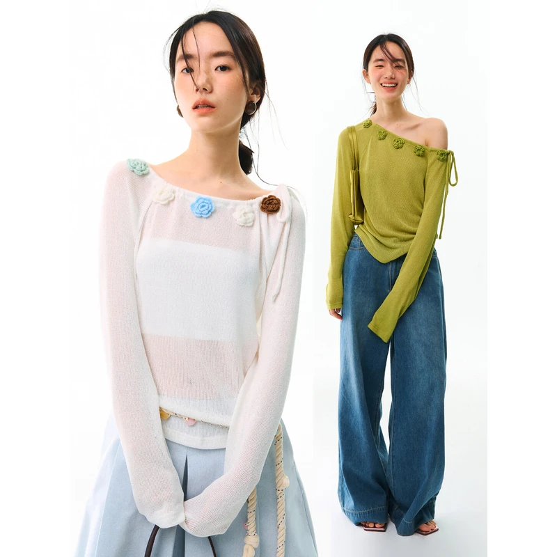 uare原创设计 椰岛花语 立体手钩花斜肩镂空针织罩衫上衣T84N9001