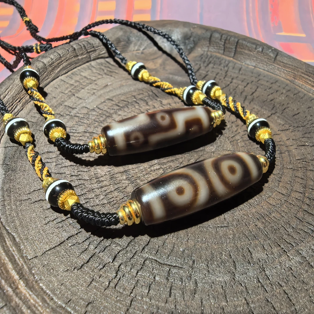 吉晟【雲】黑金玉化三眼/九眼手工天珠锁骨链40/14