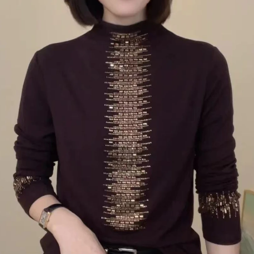 秋季新款半高领纯色百搭烫钻长袖打底衫休闲T恤气质女士修身小衫