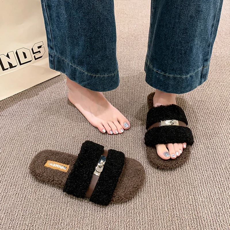 复古毛毛拖鞋女外穿2025秋冬新款时尚厚底毛茸茸一字扣防滑棉拖鞋