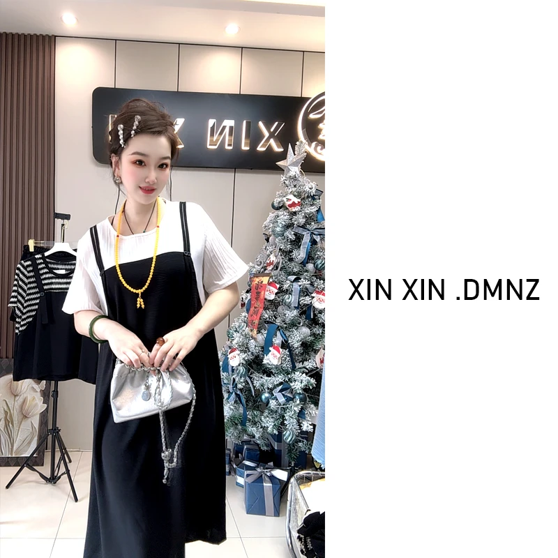 （鑫鑫甄选）大码胖MM法式显瘦拼接假两件圆领夏季新款遮肉中长裙