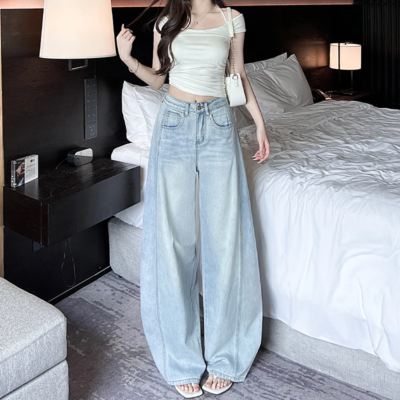 水洗浅蓝牛仔裤女2025年秋季新款宽松显瘦阔腿裤拖地小个子百搭
