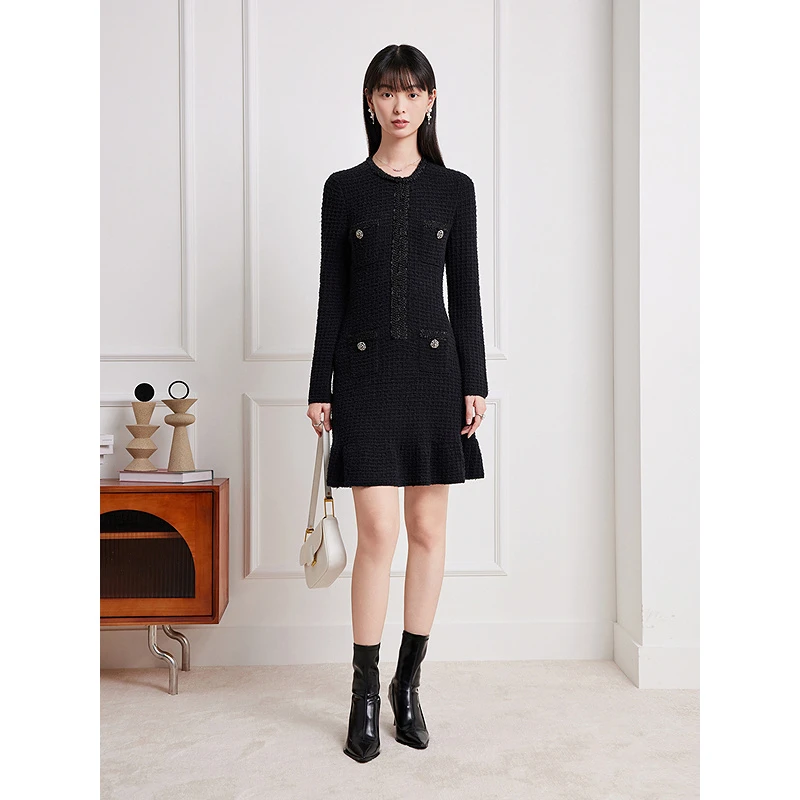 Goodland美地2025秋季新款小香风显瘦黑色针织连衣裙女LC35306307