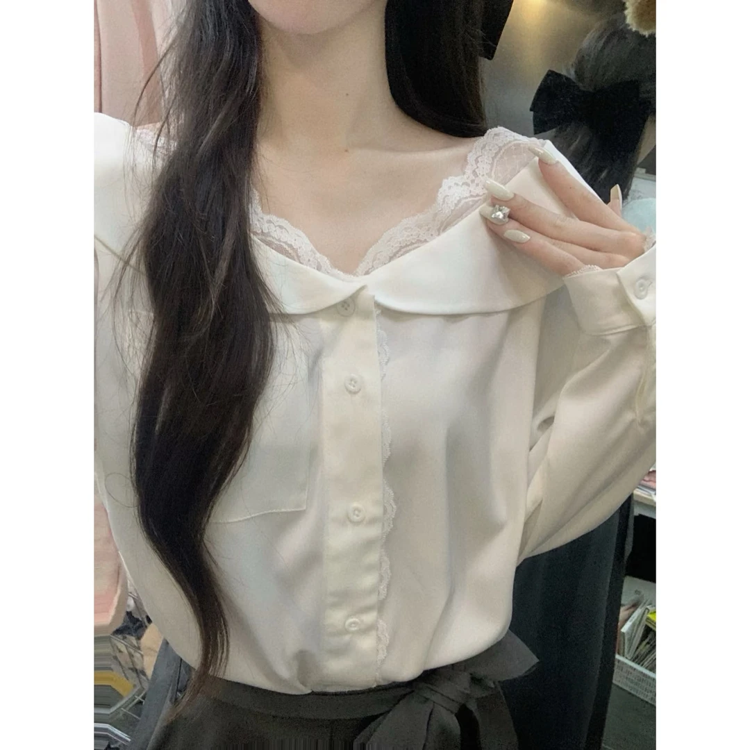 洋气衣服女法式蕾丝拼接白色长袖衬衫夏季高腰气质别致显瘦半身裙