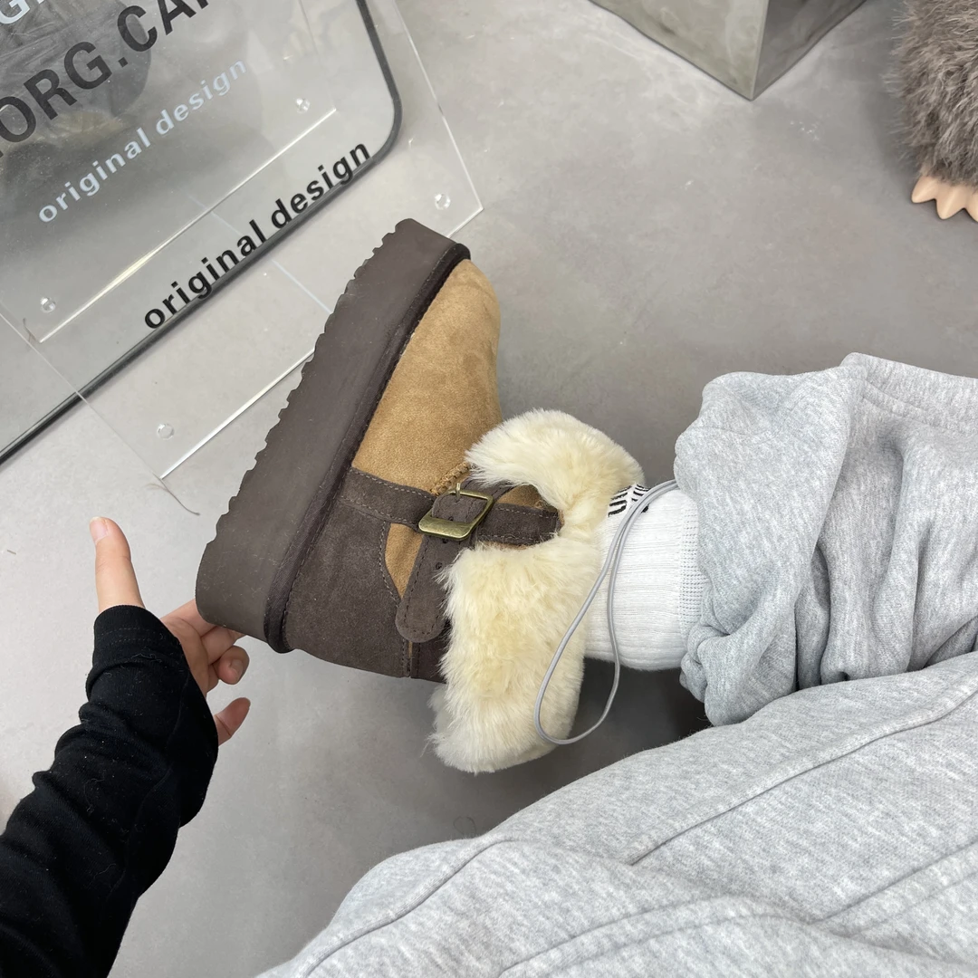 桑坡羊皮毛一体巧克力拼色厚底雪地靴女士增高保暖洋气加绒骑士靴