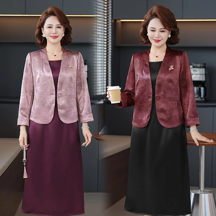 喜婆婆婚宴礼服装2025新款紫色高贵两件套连衣裙妈妈秋装十月可穿