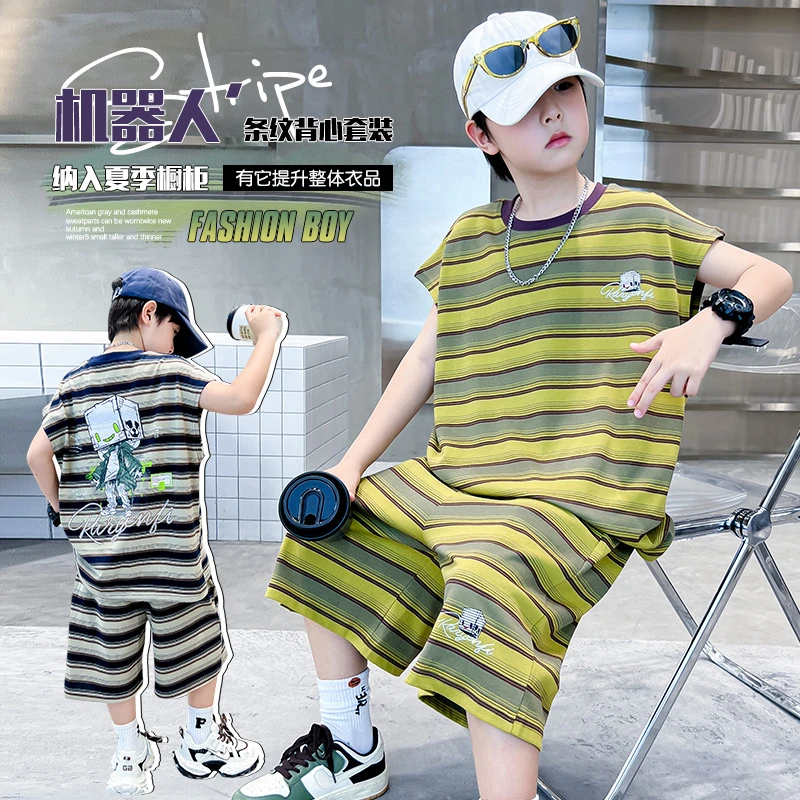2025夏季男童中大童韩版潮流百搭时尚潮流背心短裤套装/KK6818