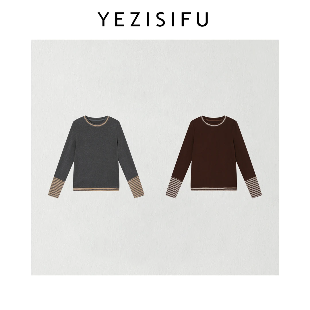 欧尼私服2025冬季新款小众设计极简撞色条纹手袖亲肤T恤2511C7870