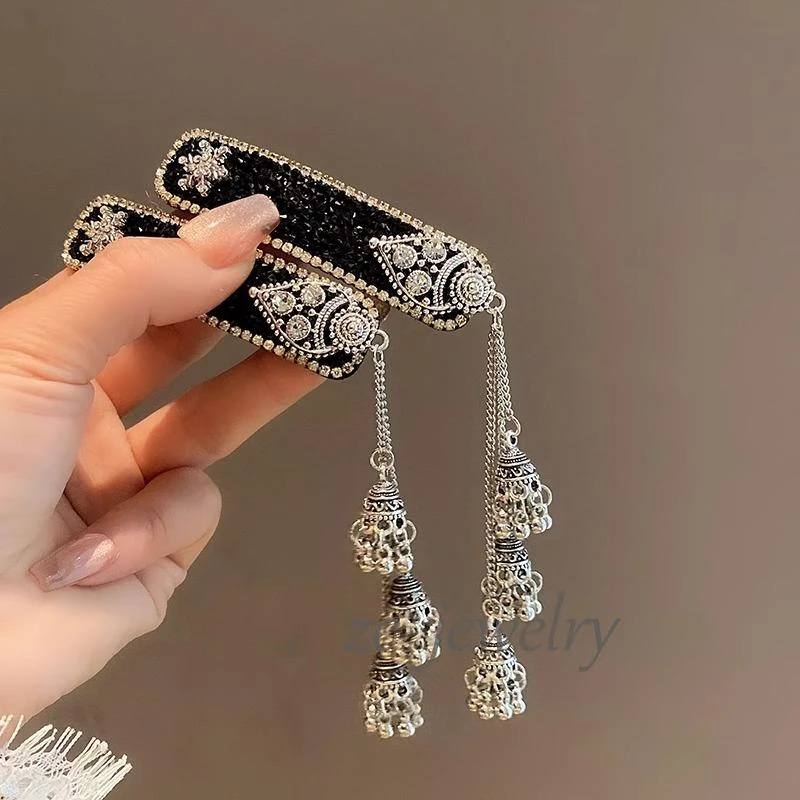 黑色纯手工铃铛流苏发夹女复古刘海侧边夹民族风发卡气质BB夹头饰