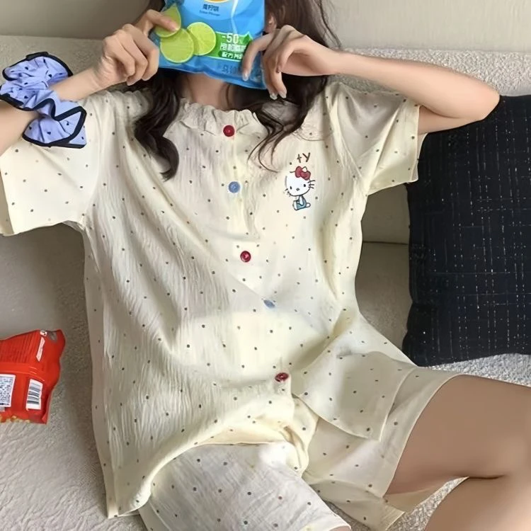 卡通凯蒂猫波点睡衣女夏季新款圆领云朵棉短袖短裤蕾丝花边家居服
