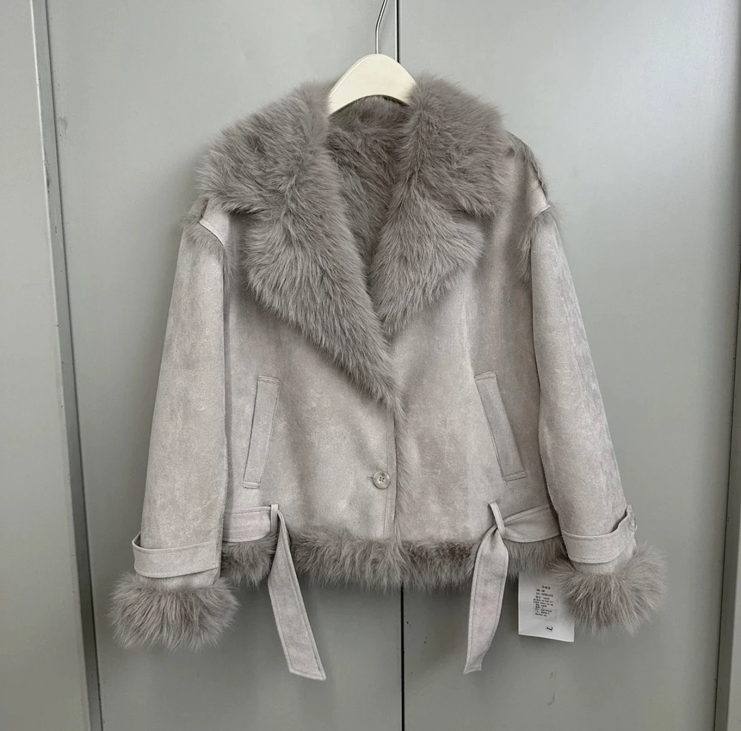 NICE圈圈/毛毛大翻领气质风麂皮拼接皮毛一体冬季外套A9897