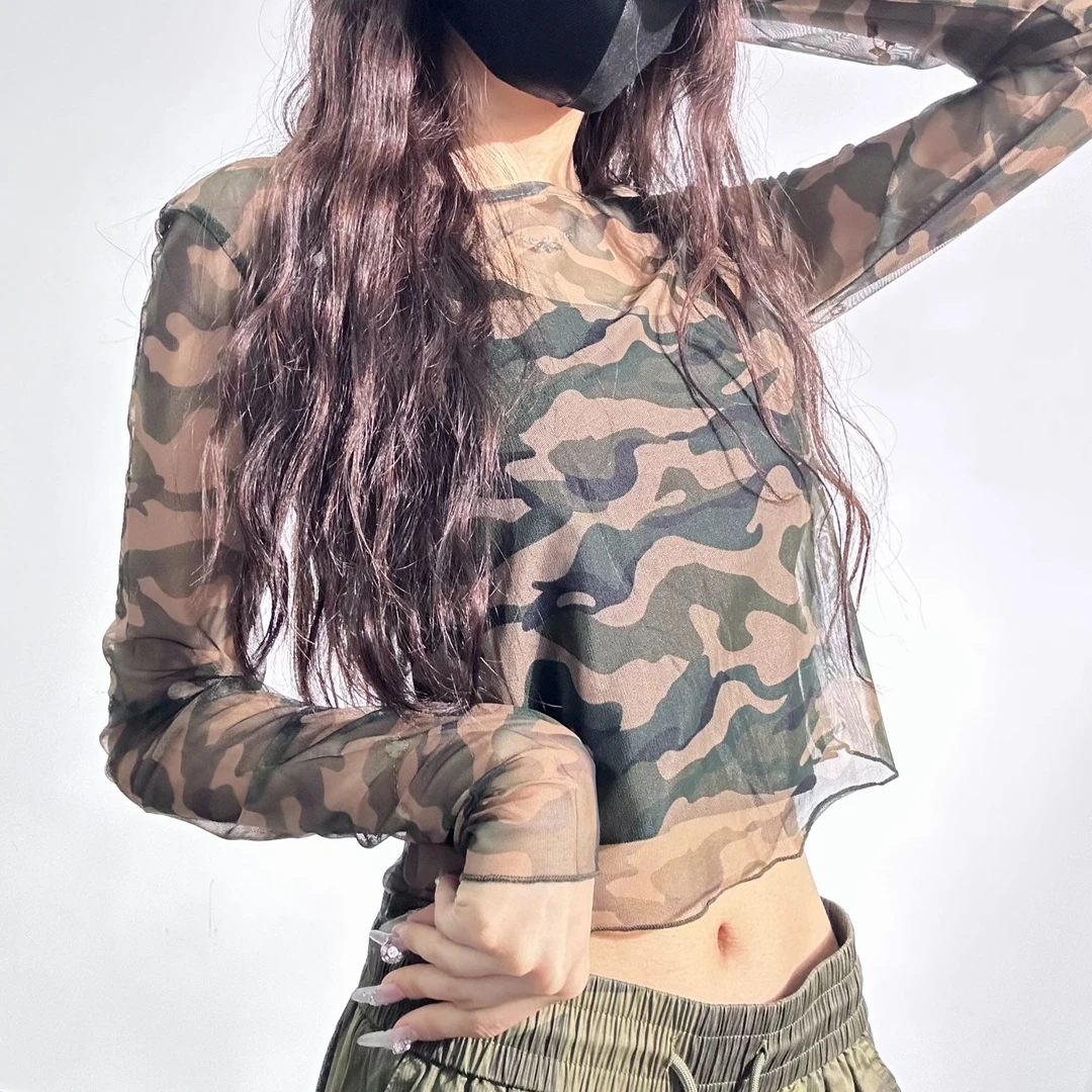 （四）十三姨2025新款迷彩网纱透气衫性感T恤长袖女潮露脐修身显瘦