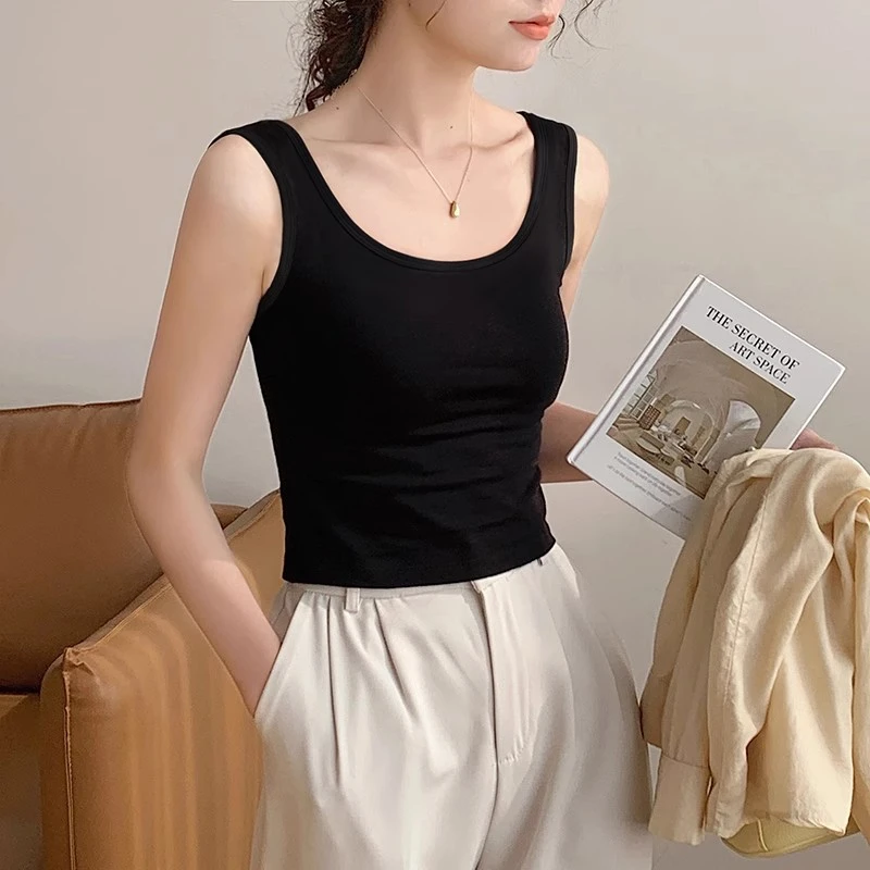 拉夏贝尔黑色u领小吊带背心女内搭春夏 2024新款外穿打底美背内衣