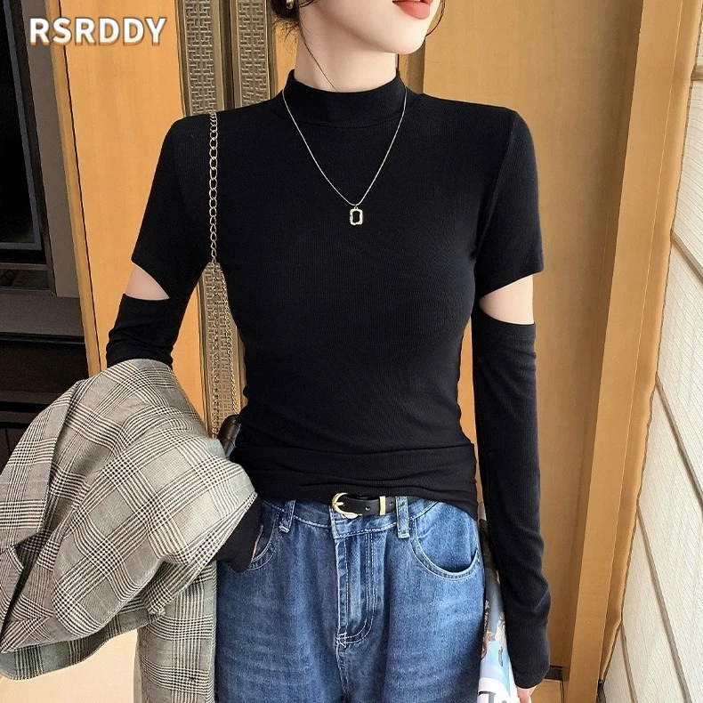 RSRDDY半高领黑色打底衫女长袖内搭秋季2025新款时髦袖镂空上衣t