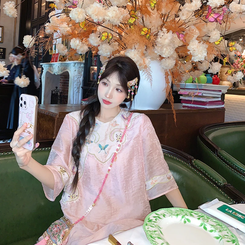 果果家【粉樱】新中式提花夏季连衣裙短袖外衣刺绣中国薄款古风上衣