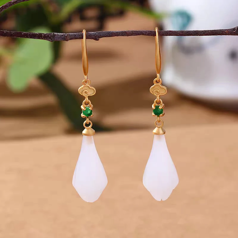 云露中国风复古S925银古法金工艺祥云玉兰花耳坠新中式长款耳环