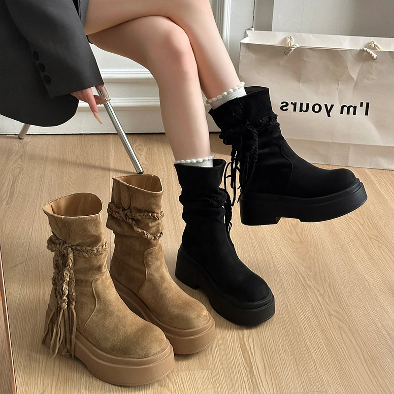 小个子增高马丁靴女2025秋冬新款复古美拉德短筒靴子棕色超火短靴