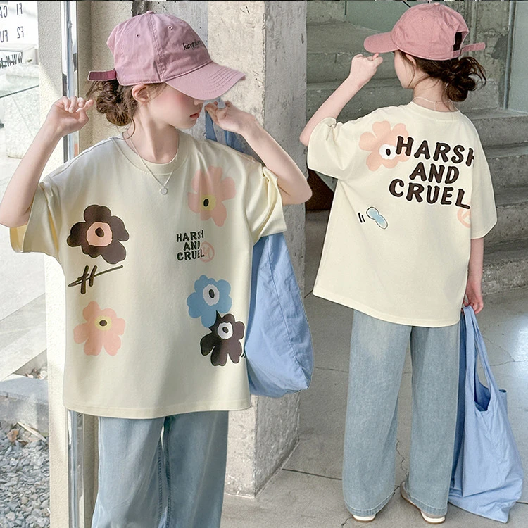 女童夏季新中大童 2025时尚儿童洋气休闲时髦女孩短恤牛仔裤套装