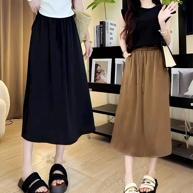 醋酸缎面高级感半身裙女夏胖mm大码小个子高腰a字后开叉直筒裙子