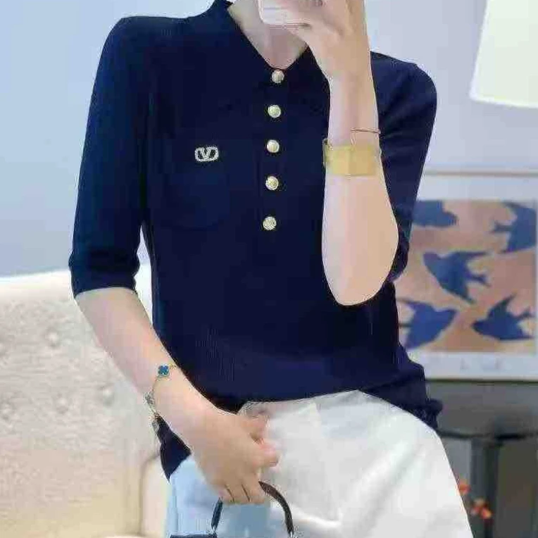 刺绣上衣毛针织衫法式女翻领时尚夏季休闲短袖中袖