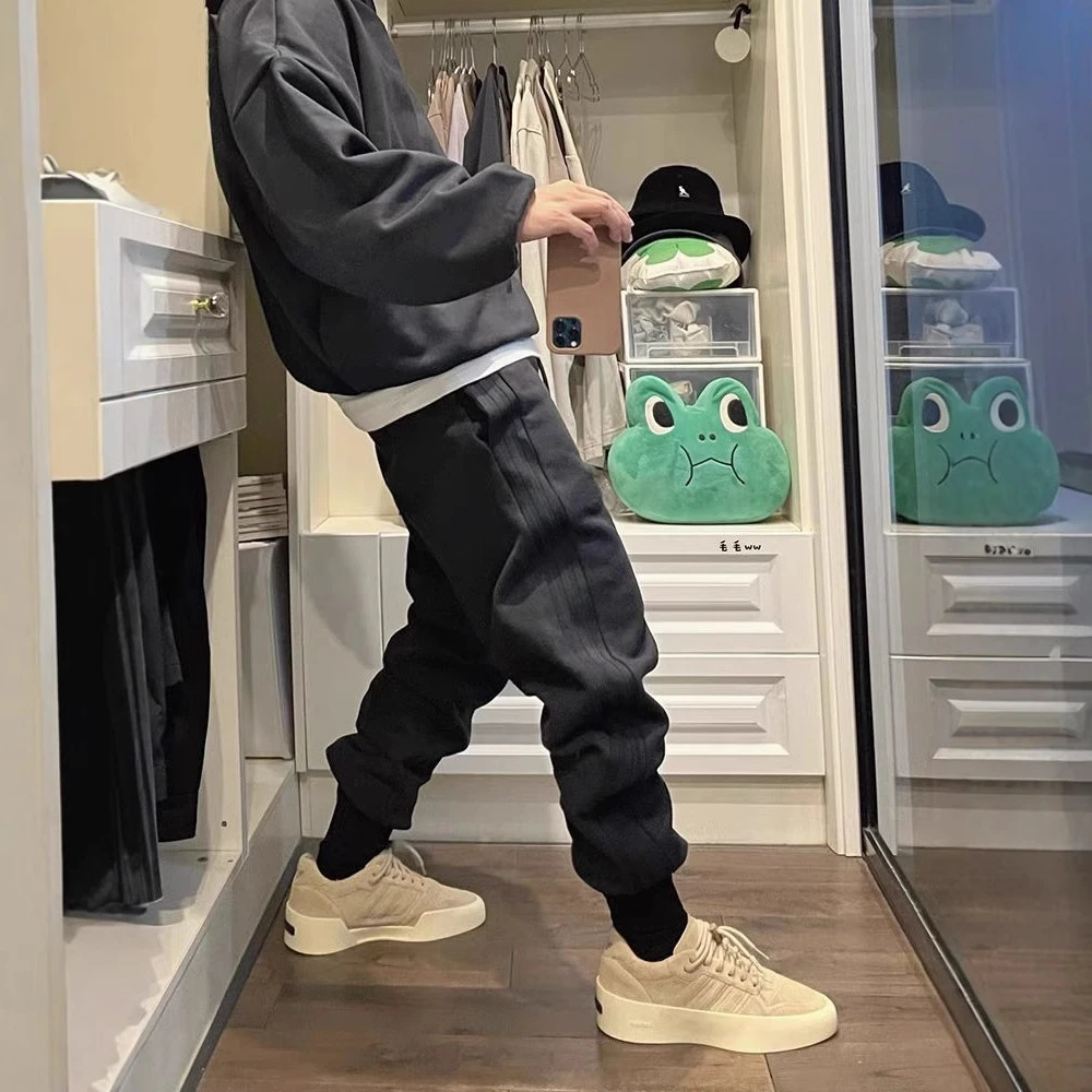 新款ESSENTIALS秋季加绒拼接侧黑拉条束脚裤男女情侣休闲长裤