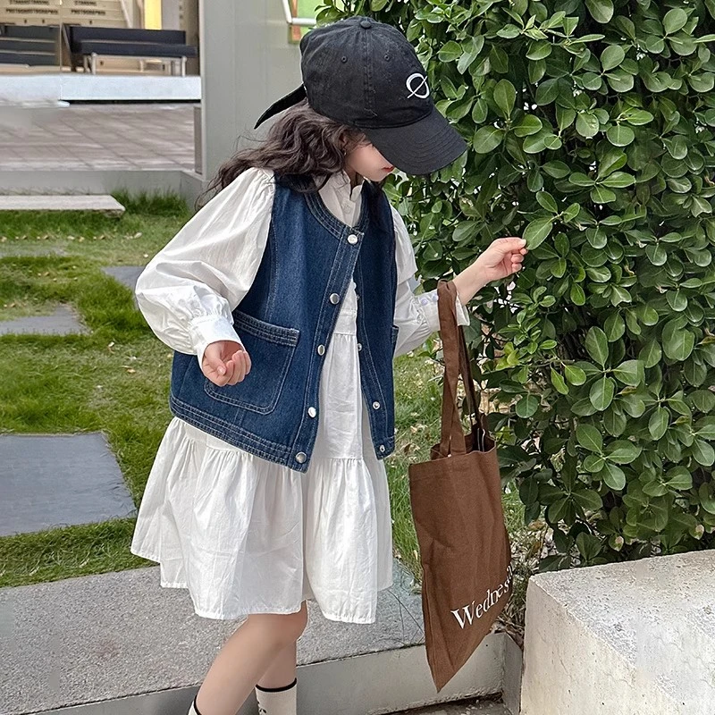 女童拼接衬衫连衣裙牛仔马甲套装2025新款中大童春秋洋气时尚裙子