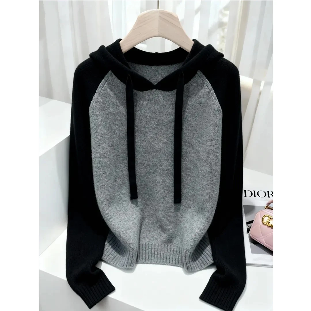 2025秋冬季新款休闲慵懒风高级感显瘦撞色小众长袖连帽毛衣针织衫