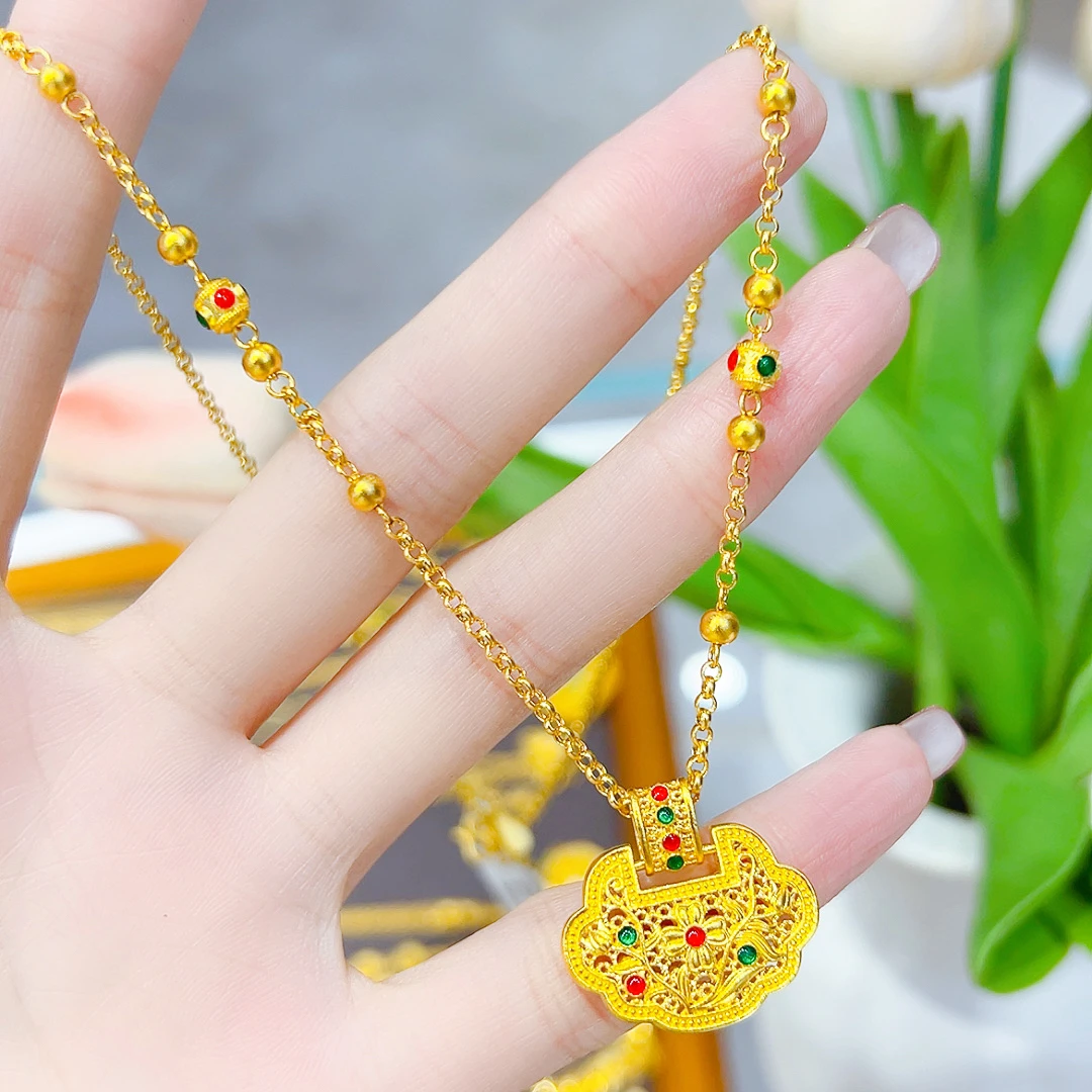 精品5G足金轻奢珐琅彩锁包项链00739