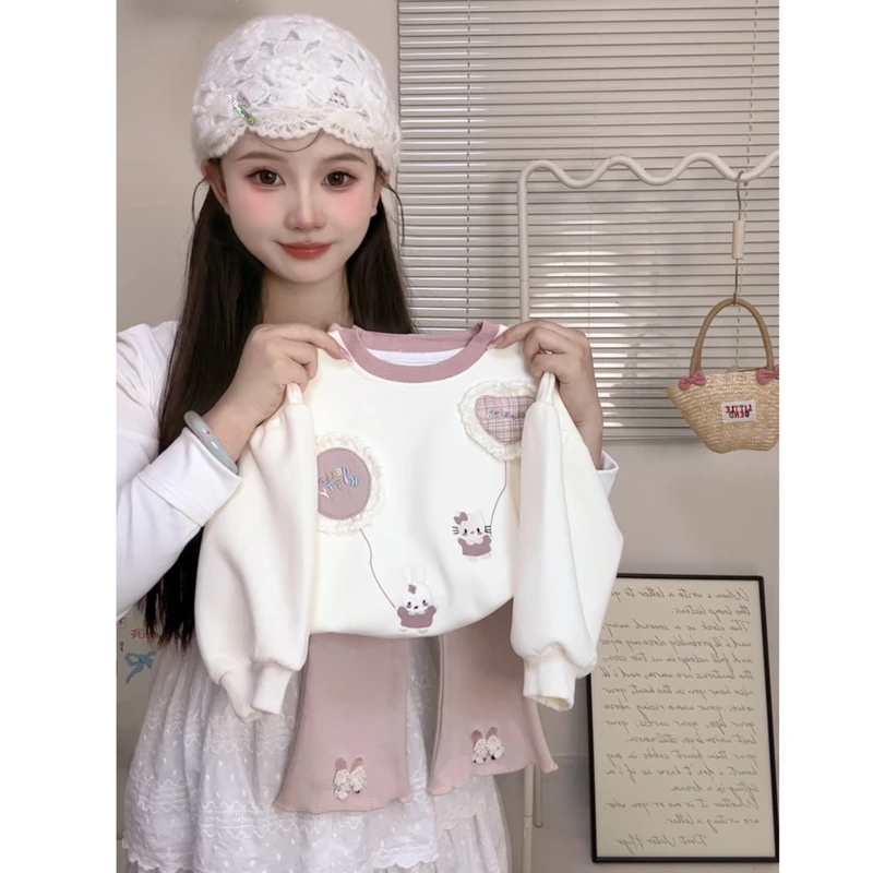 女童春秋套装2025美风女宝宝卫衣套装时尚春秋紫色卫衣喇叭裤套装