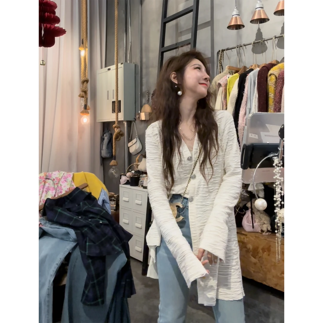 S50216920素拉那里 定制款韩系别致慵懒重工破洞卷边条纹开衫衬衫