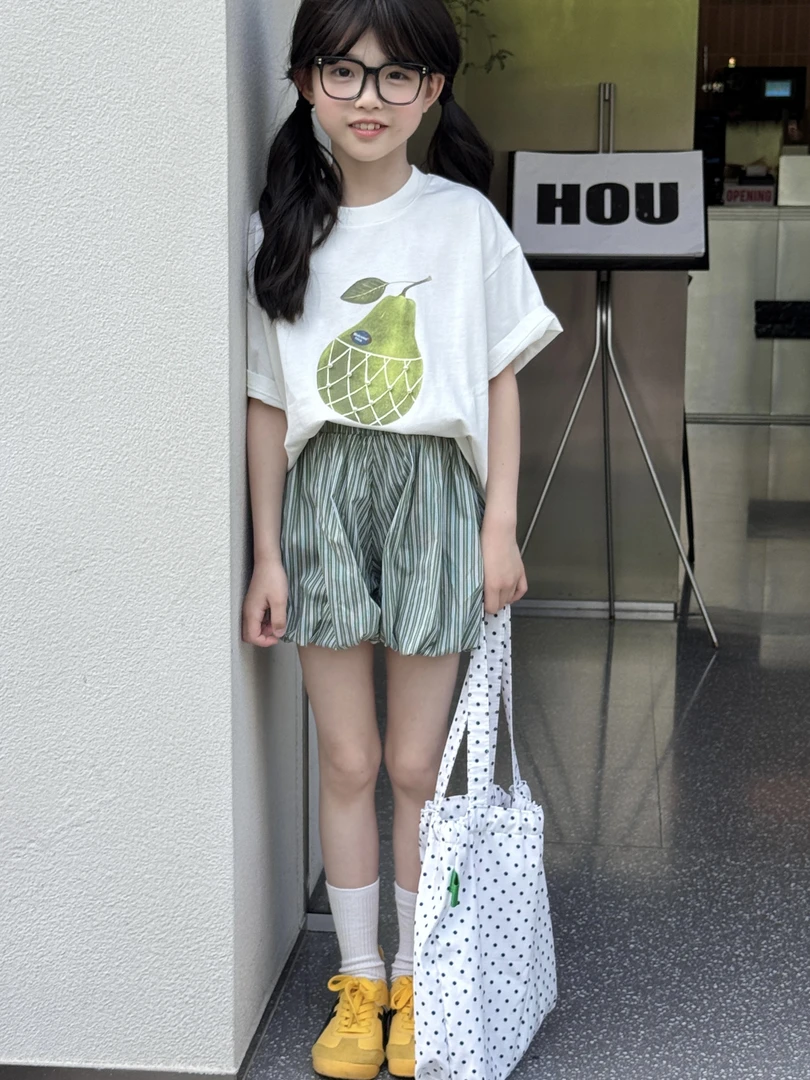 清甜梨钉珠T恤2025夏款女童洋气彩色印花宽松短袖25472