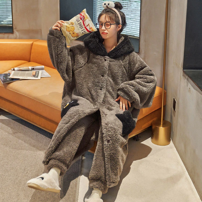 长毛绒女士睡衣连帽秋冬季新品加绒加厚长袖长裤保暖家居服套装