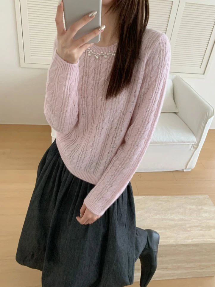 【潘潘.698872】秋冬驼羊绒珠片纯色套头长袖毛衣女针织衫