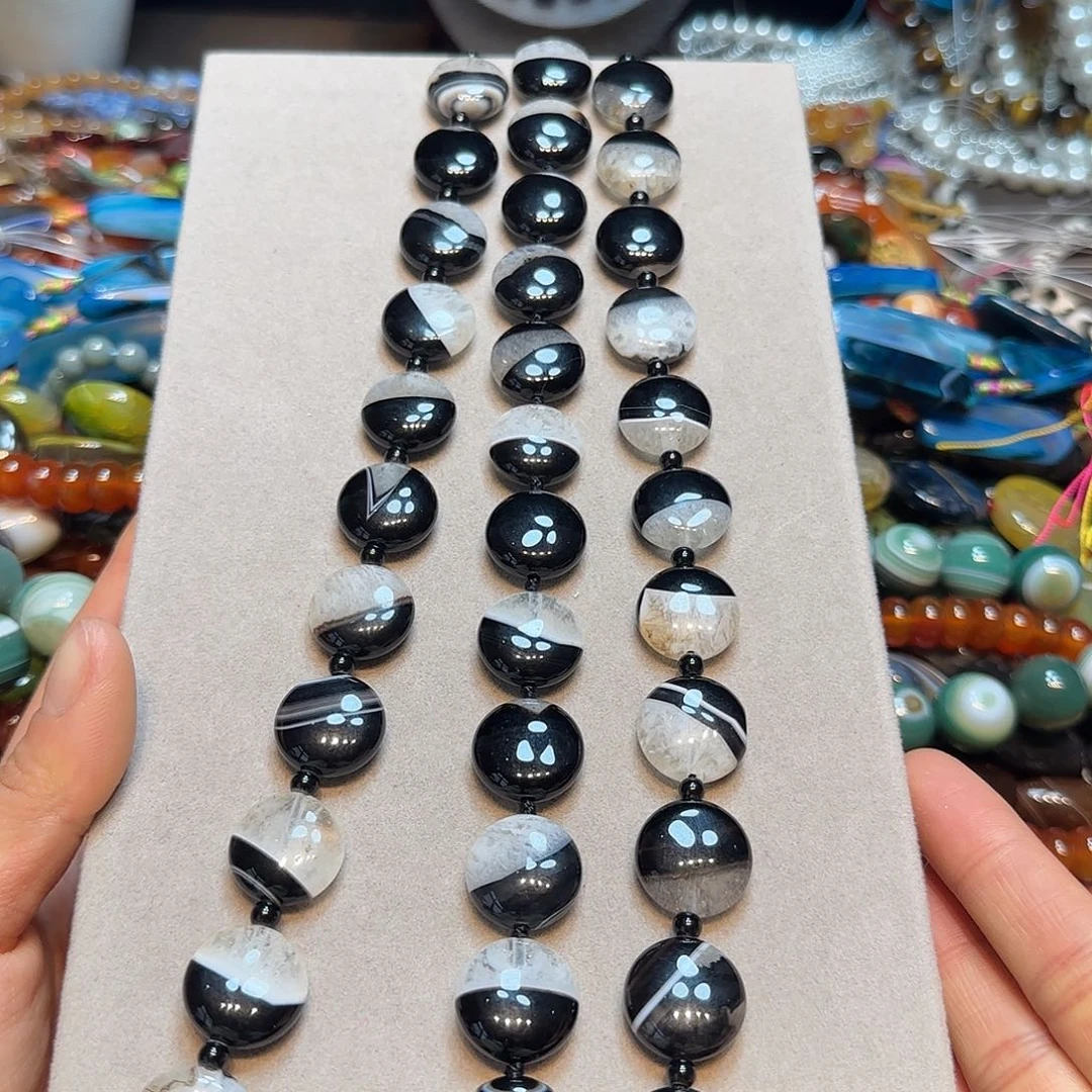 玛瑙/玉髓合金珠宝半成品水晶玛瑙共生圆饼一条18mm