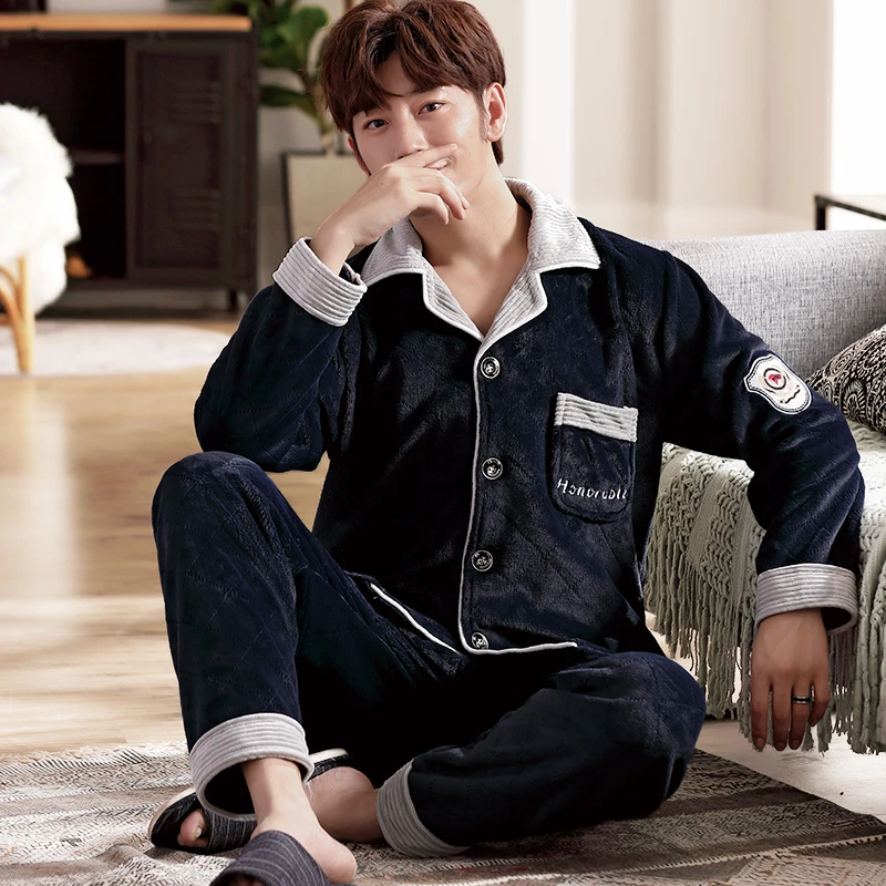 法兰绒睡衣男士秋冬季加厚可外穿珊瑚绒韩版宽松家居服套装 1175