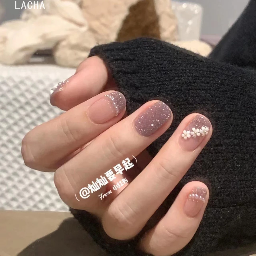 仓井纯手工光疗美甲穿戴甲法式紫色碎钻小花爆闪美甲可拆卸防水假