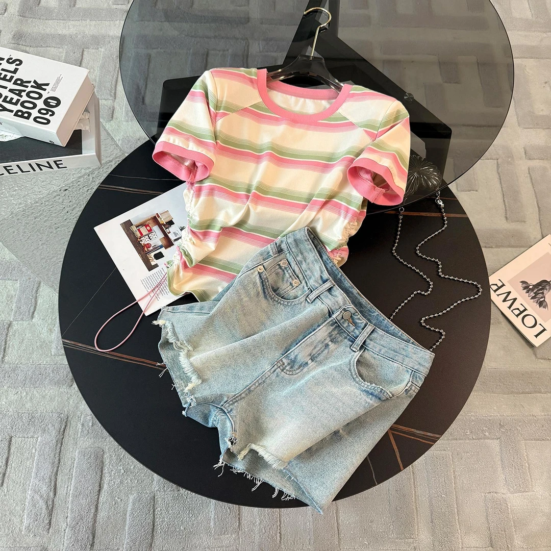 潮流休闲时尚运动套装女夏季新款洋气减龄圆领短袖牛仔短裤两件套