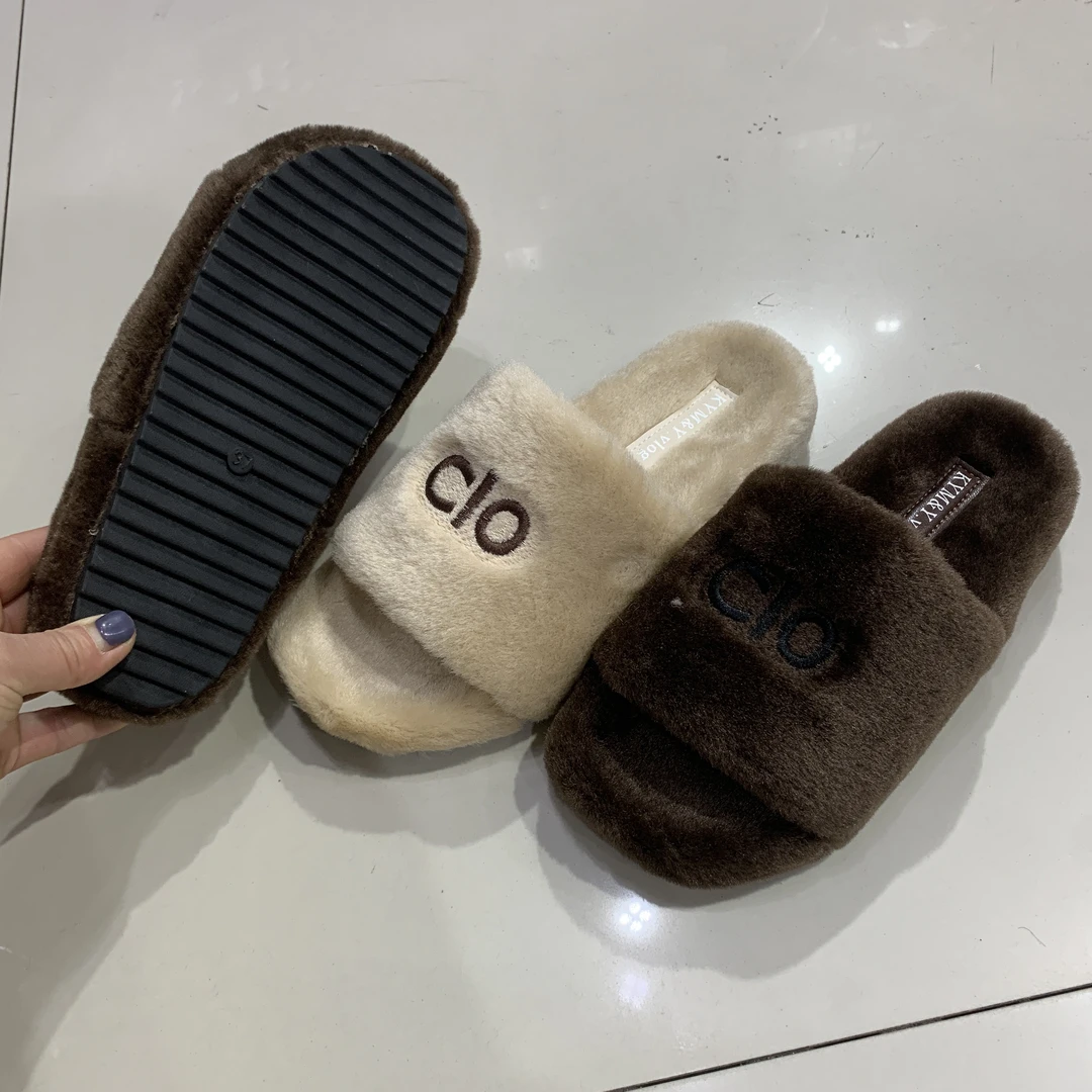 秋冬新款仙女风外穿软底字母刺绣毛绒棉拖鞋女款