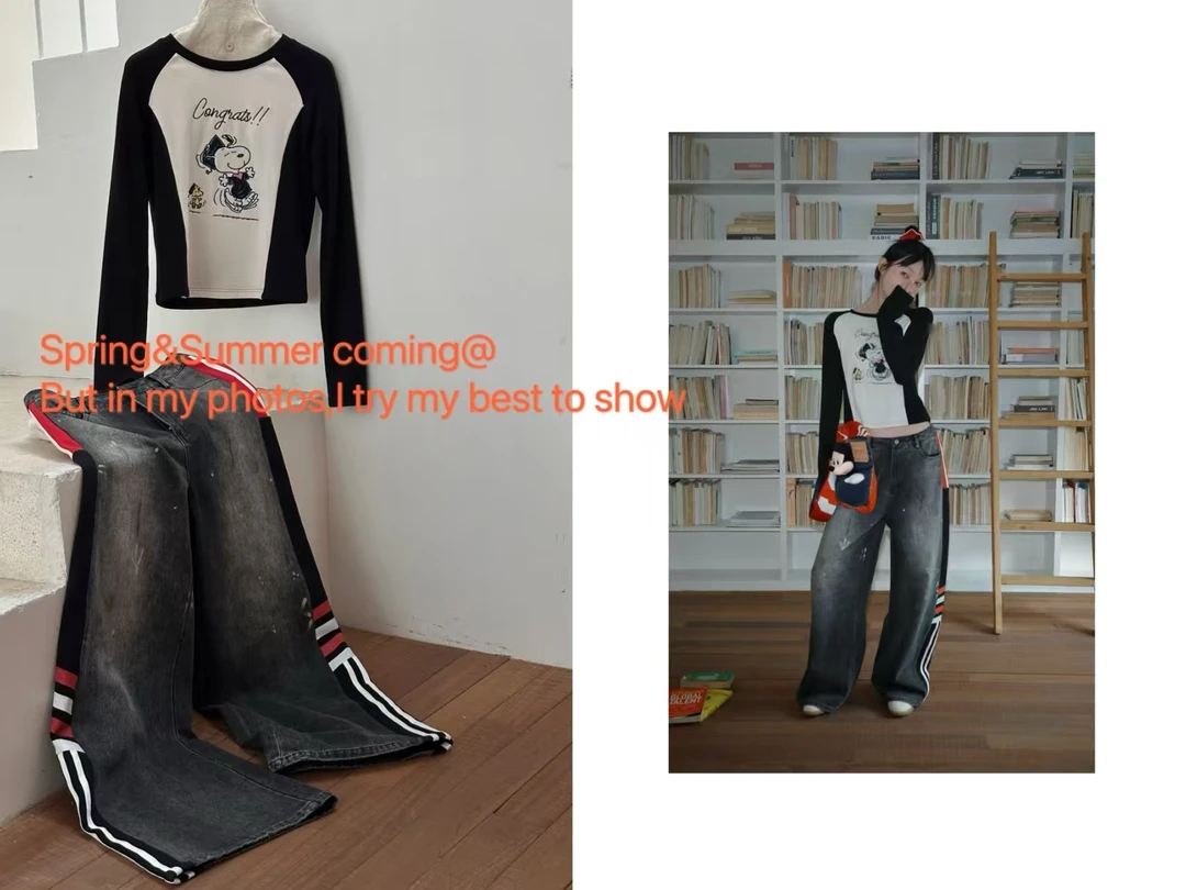 BLX--1137（深圳出品）小众设计款撞色拼接条纹牛仔裤韩版休闲