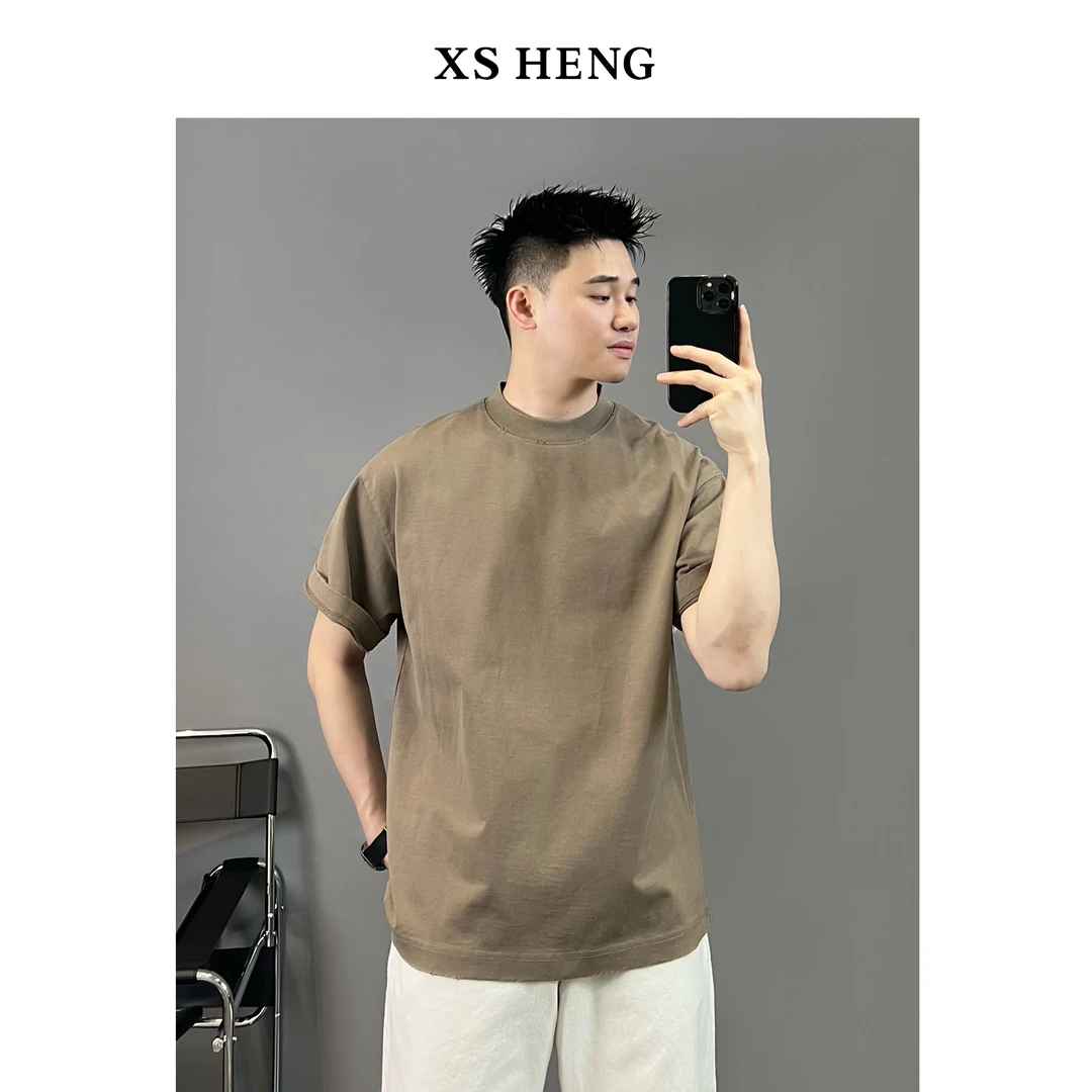 秋季系列/重磅320克水洗做旧磨破工艺休闲圆领上衣短袖T恤2222