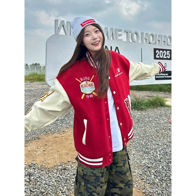 美式刺绣棒球服外套男女款秋季痞帅高级感拼接pu皮袖短款情侣夹克