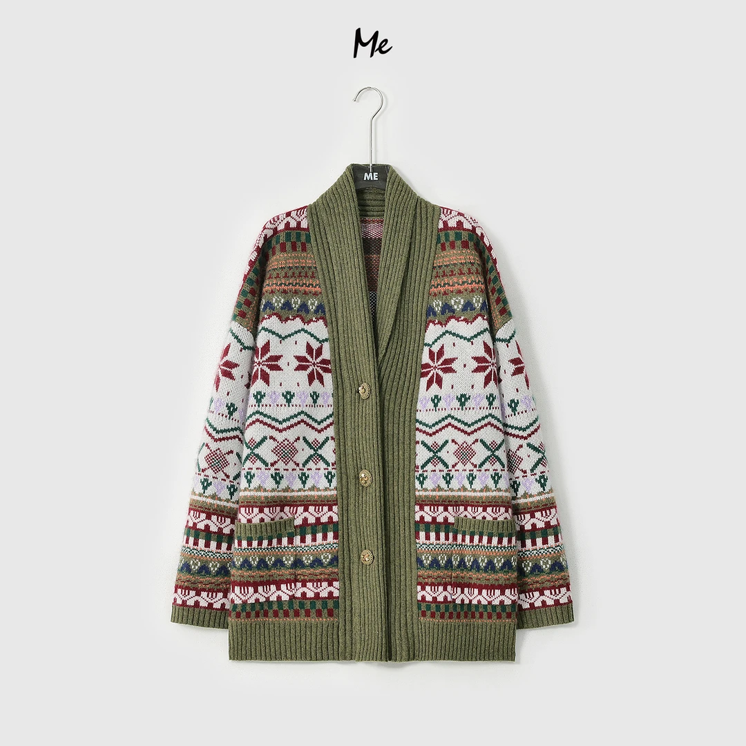 ME【100%绵羊毛雪木屋】910G费尔岛提花保暖百搭一手长毛衣MESA2199