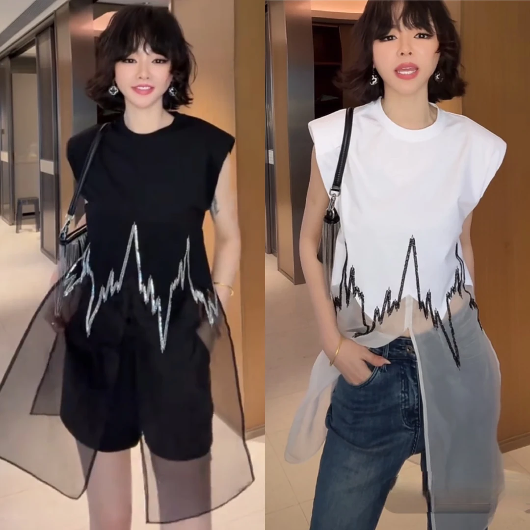 欧货时尚中长款假两件无袖网纱拼接t恤女2025新款设计感开叉上衣