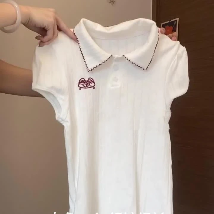 2025提花辣妹夏季新款学院风短袖t恤刺绣Polo领白色正肩短袖上衣